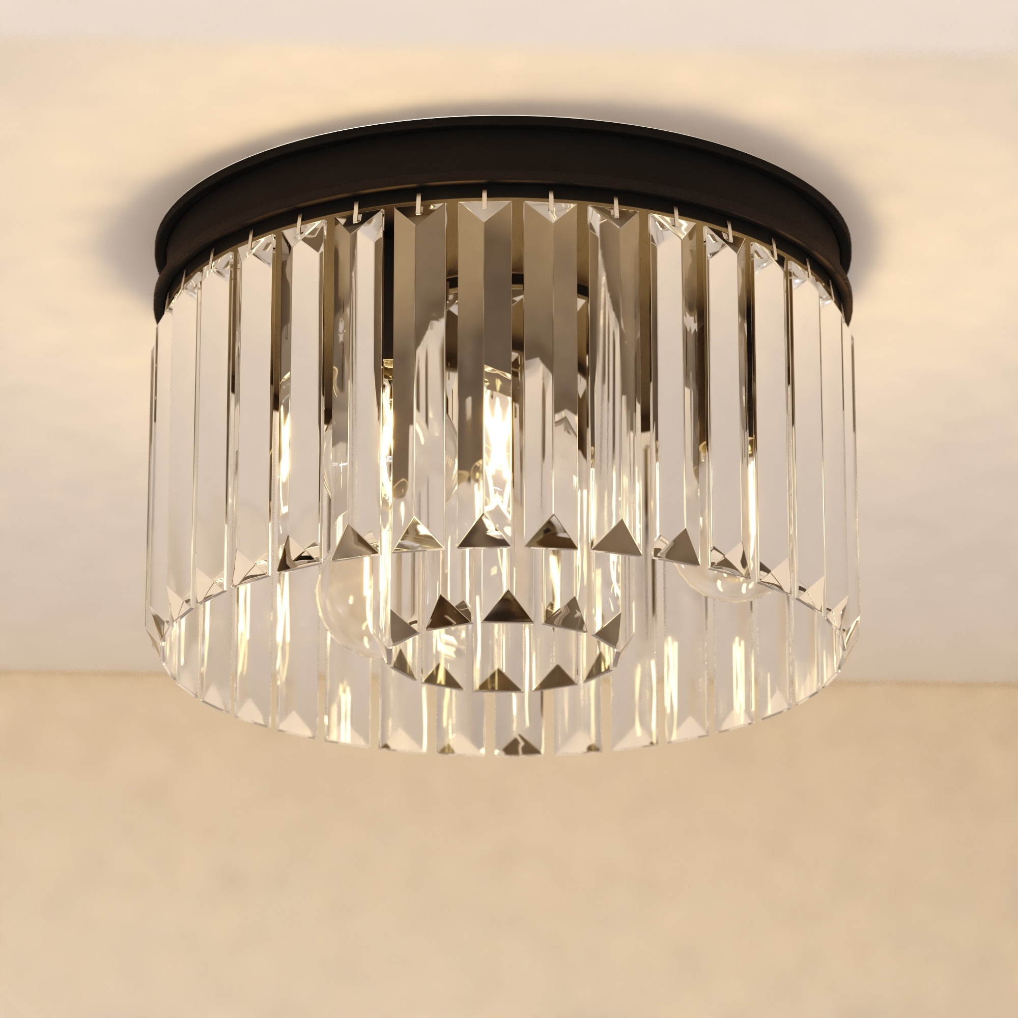 VAXCEL Allerton 3-Light Matte Black Modern Drum Flush Mount Lighting Fixture, Clear Crystal Prisms Shade Low Ceilings, Kitchen