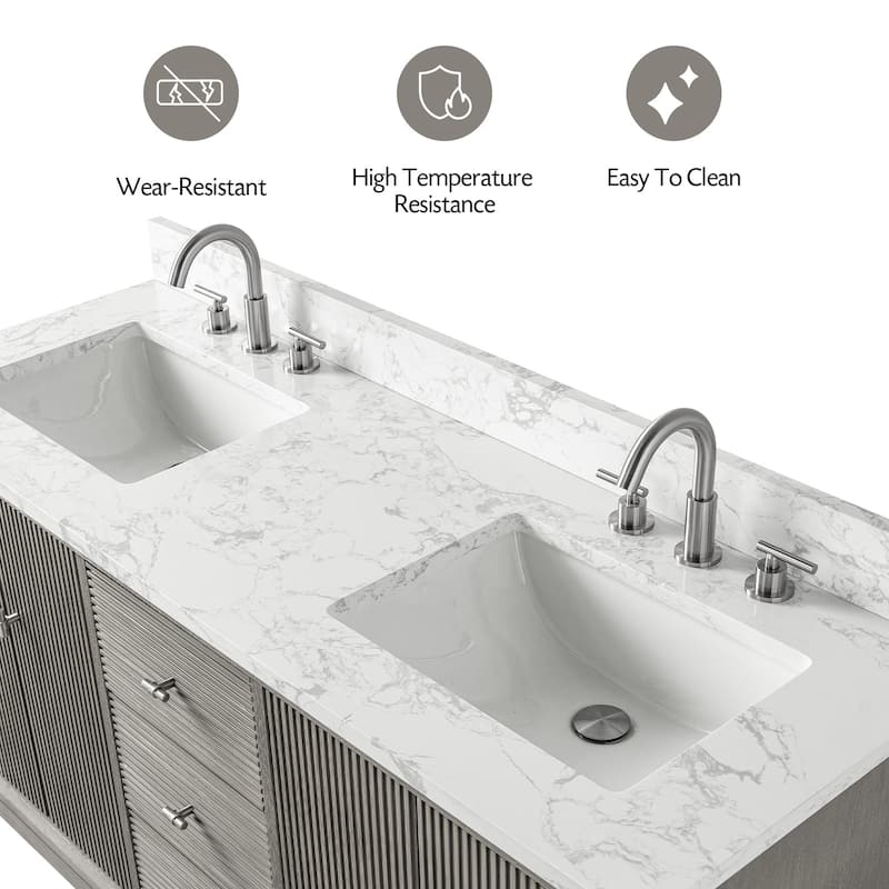 Vanity Art 72" Freestanding Bathroom Vanity with Engineered Marble Top and Sinks