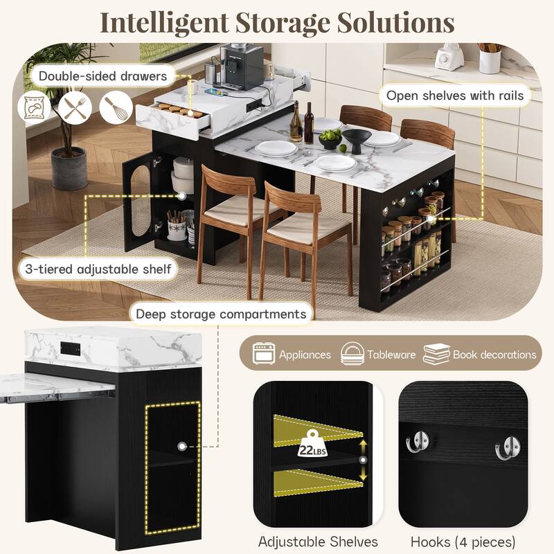 Extendable Kitchen Island Dining Table with Power Outlet, Rolling Sideboard with Folding Tabletop & Drawers