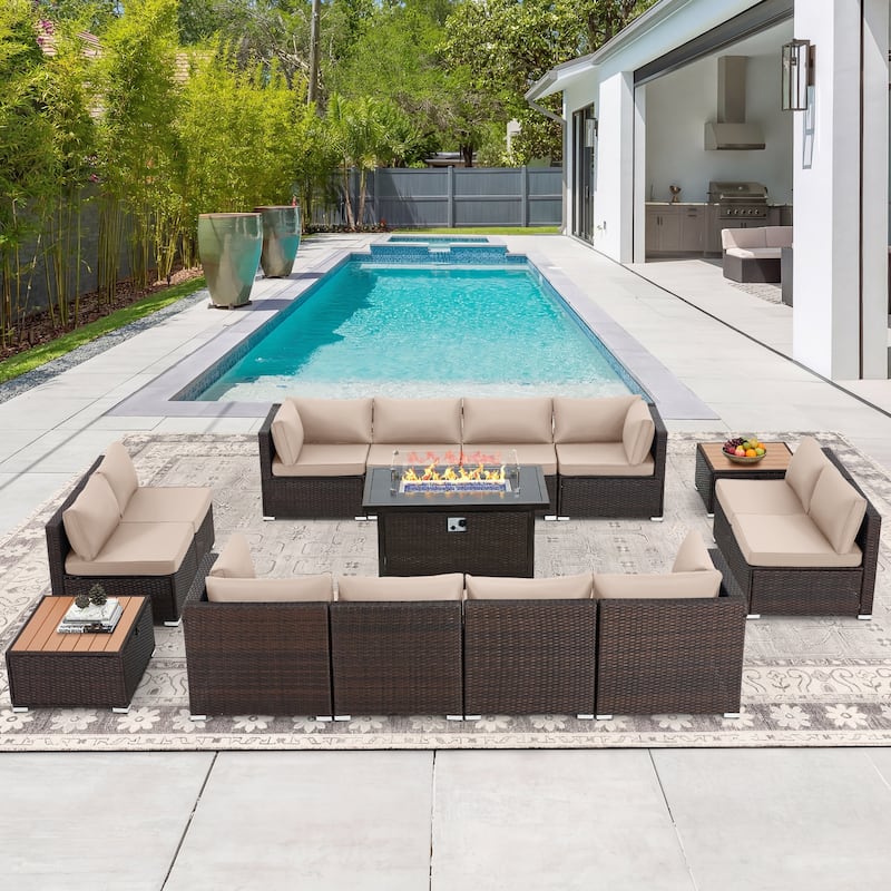 12-Person Patio Conversation Set with Fire Pit Table, All-Weather Wicker Outdoor Furniture