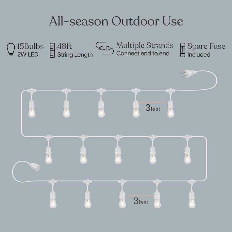 Brightech Ambience Pro White 15-Light 48 ft. Outdoor Plug-in 2W 2700k LED S14 Hanging Edison Bulb String-Light