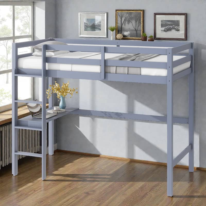 Twin High Loft Bed with Desk and Ladder, Solid Rubber Wood Loft Bed with Safety Guardrails
