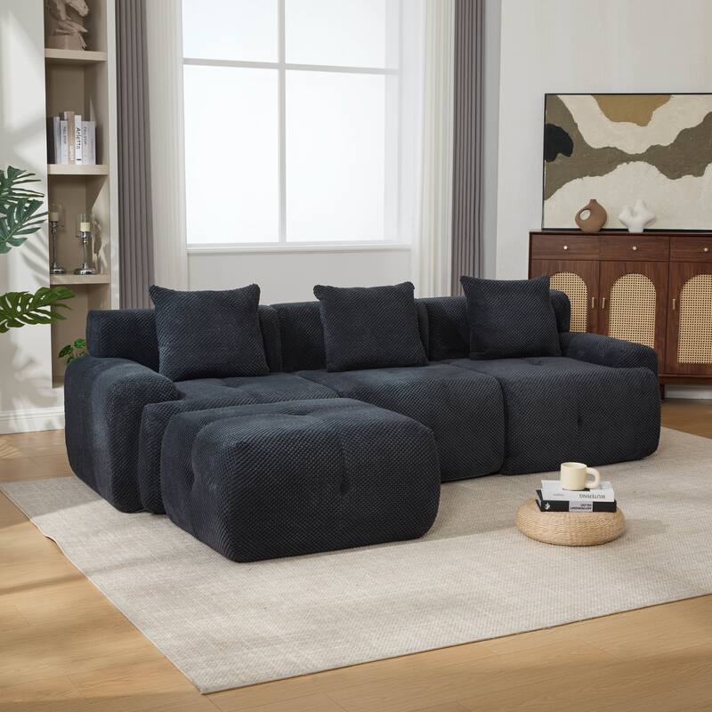 104"W Modern Upholstered Sectional Sofa with 3 Pillows and Ottoman