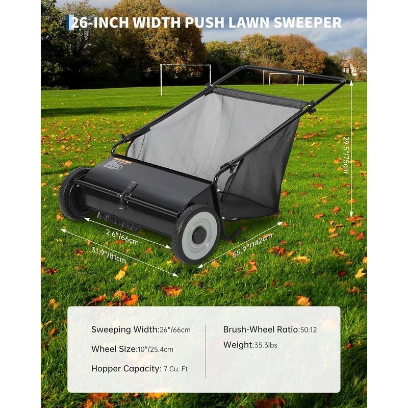 26 in Push Lawn Sweeper for All Terrains 7 cu. ft. Collection Bag 4 Brushes and Adjustable Height