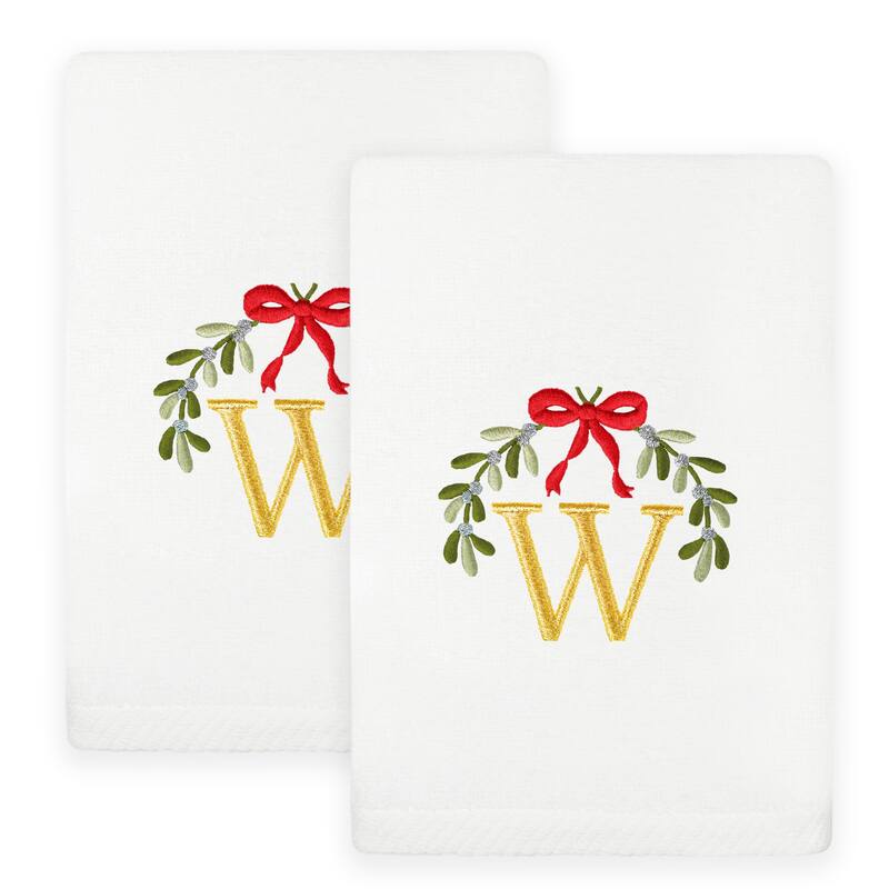 Authentic Hotel and Spa Christmas MISTLETOE MONOGRAM Embroidered Luxury 100% Turkish Cotton Hand Towels Set of 2 - W