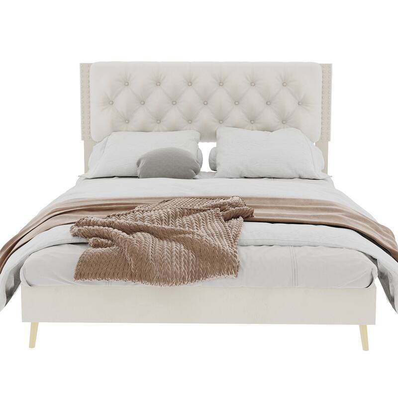 Beige Queen Size Platform Bed Frame with Upholstered Headboard