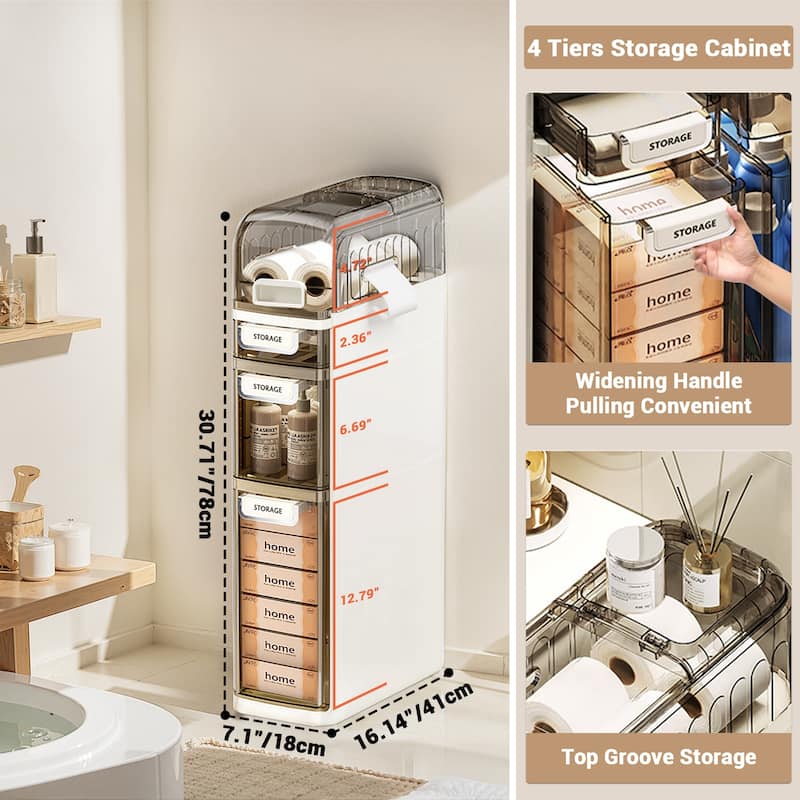 4 Tier Slim Bathroom Storage Cabinet Narrow Organizer With Wheels And Toilet Paper Holder Bathroom Cabinet