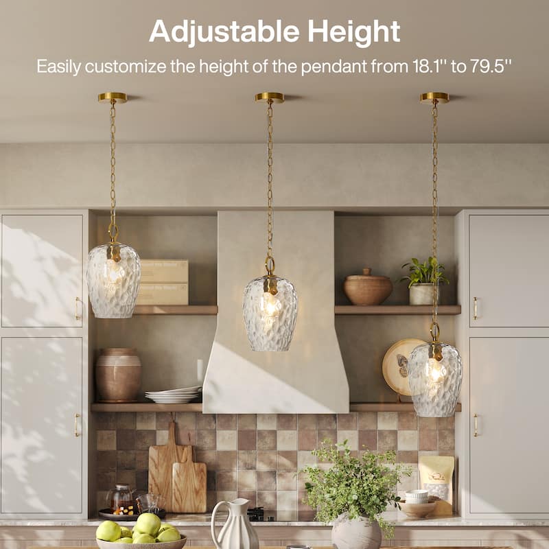 Modern Hammered Pendant with 60'' Adjustable Chain, Thick Textured Glass Shade