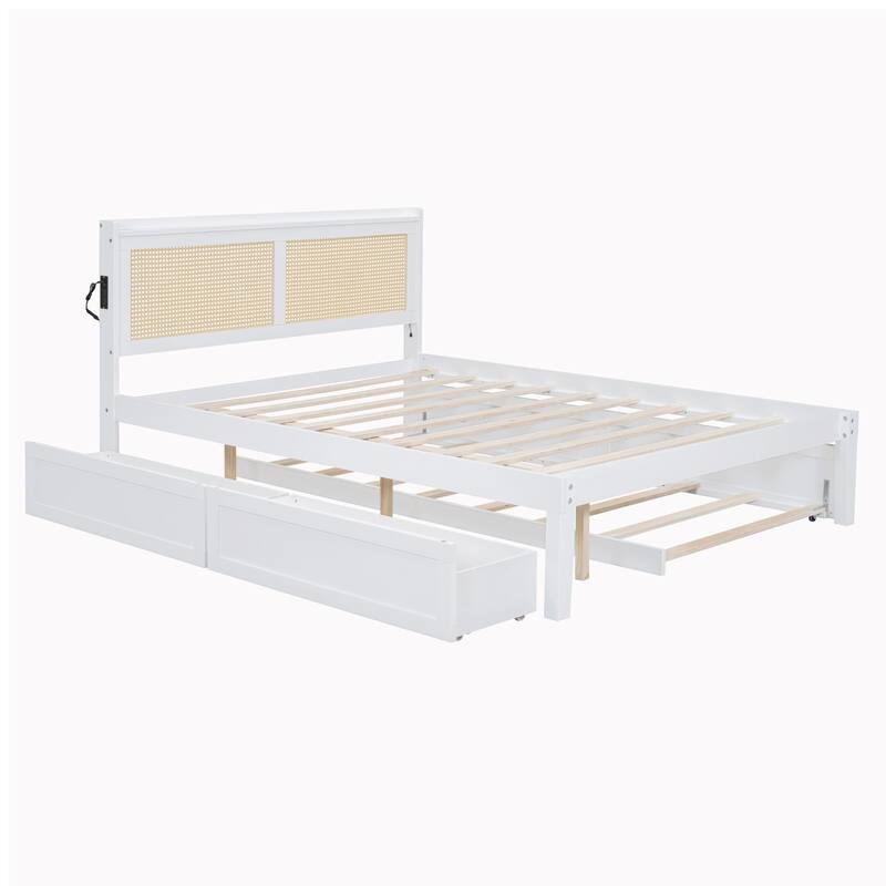 Elegant Bed Frame with Rattan Headboard and Sockets