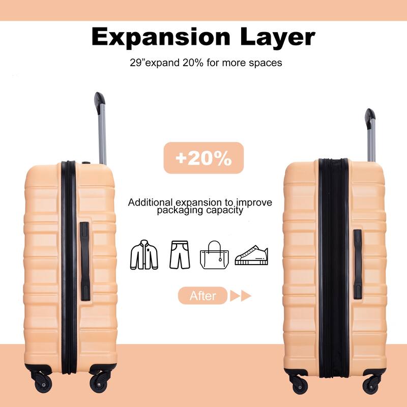 3-Piece, Expandable Luggage, Lightweight Luggage with 2 Hooks, TSA Lock, and Swivel Wheels, for Boarding Travel, Peach
