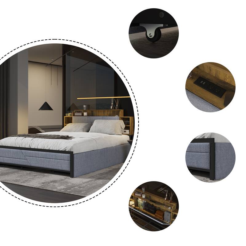 French Queen Size Bed Frame Platform with Brown/Black Storage Headboard & 4 Storage Drawers