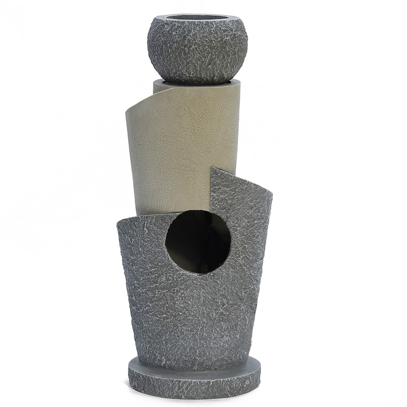Gray Resin Cascading Spiral Outdoor Fountain with LED Lights