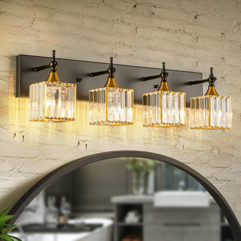 3/4-Light Modern Glam Dimmable Black Gold Crystal Bathroom Vanity Light - 4-Light