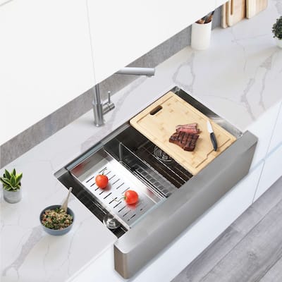 STYLISH 33 inch Farmhouse Workstation Double Bowl Stainless Steel Kitchen Sink with Built-in Accessories - 33" x 20.75" x 10"