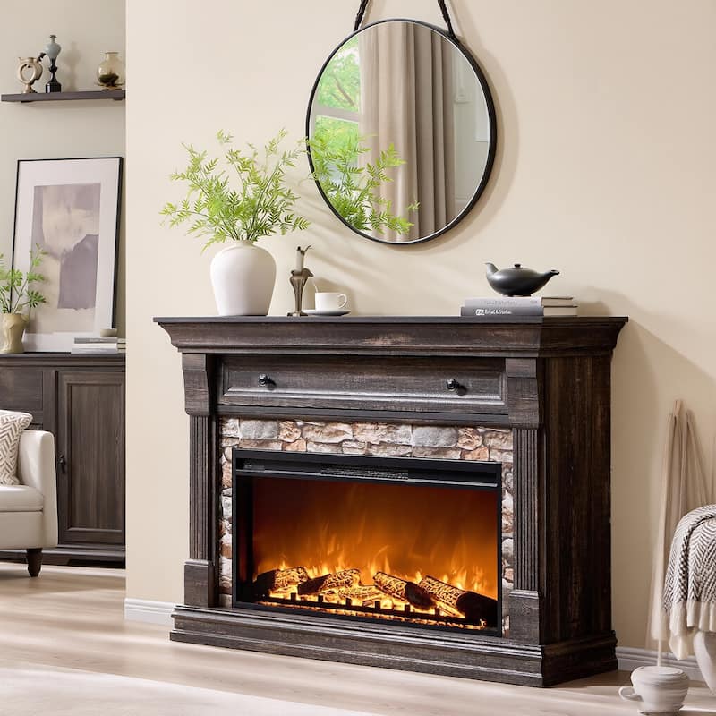 52" Farmhouse Electric Fireplace TV Stand, Wood Entertainment Center - Black