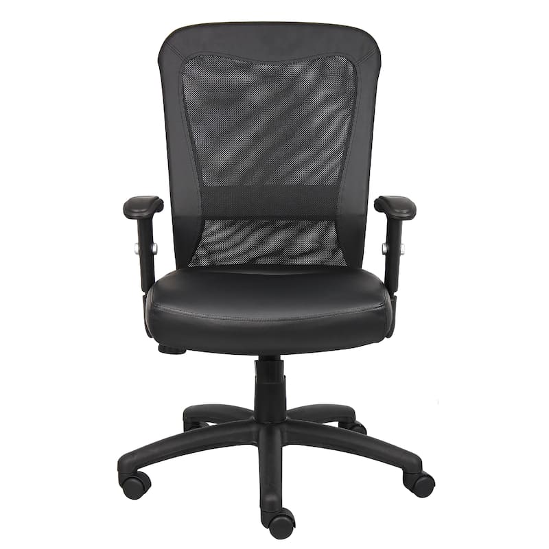 Rolling Task Chair, Black LeatherPlus Mesh, Adjustable Arms, Swivel