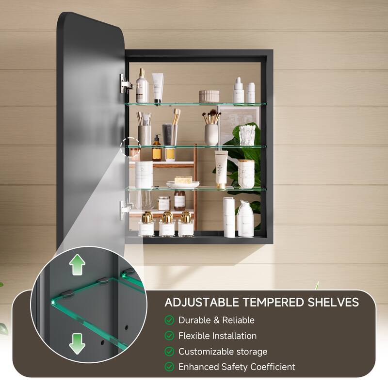 20x30 in Black Framed Mirrored Medicine Cabinet, Recessed/Surface Mount, Tempered Glass Shelves, Fully Assembled