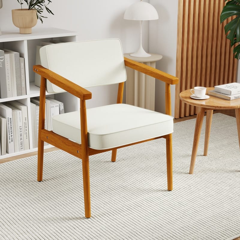 Walnut Faux Leather Upholstered Dining Chair Padded Armchair Solid Wood Open Back