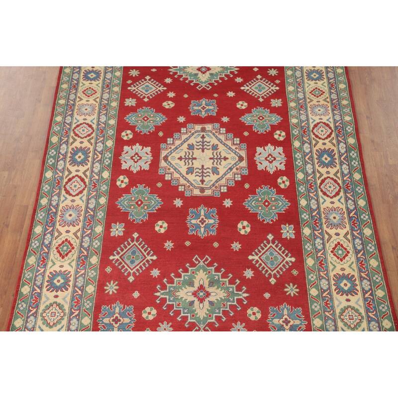 Geometric Red Kazak Area Rug Hand-Knotted Oriental Wool Carpet - 6'8" x 10'2"