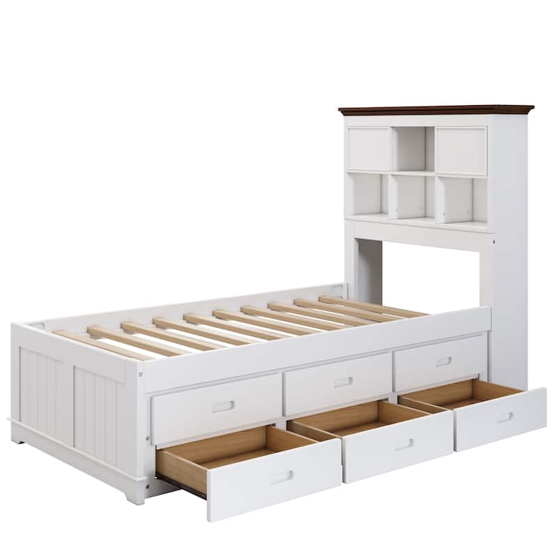 Solid Pine Captain Bookcase Bed with Trundle Bed and 3 Spacious Under