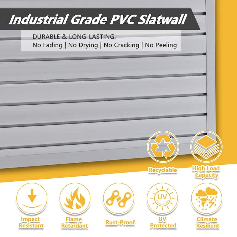Heavy Duty PVC Slatwall Garage Organizer 8x4 ft with 10 Panels, Wall-Mounted Tool Storage System - 94.49"L x 47.24"W x 0.25"H