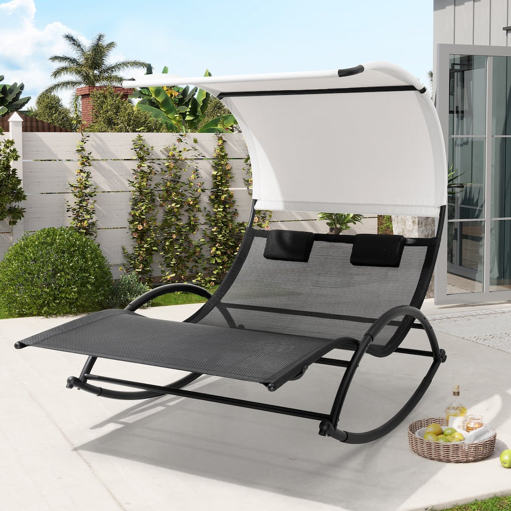 Outdoor Double Sun Bed Chaise Lounge Chair Rocking Bed with Sun Shade & Wheels - 54.5" W x 67.3" D x 65.7" H