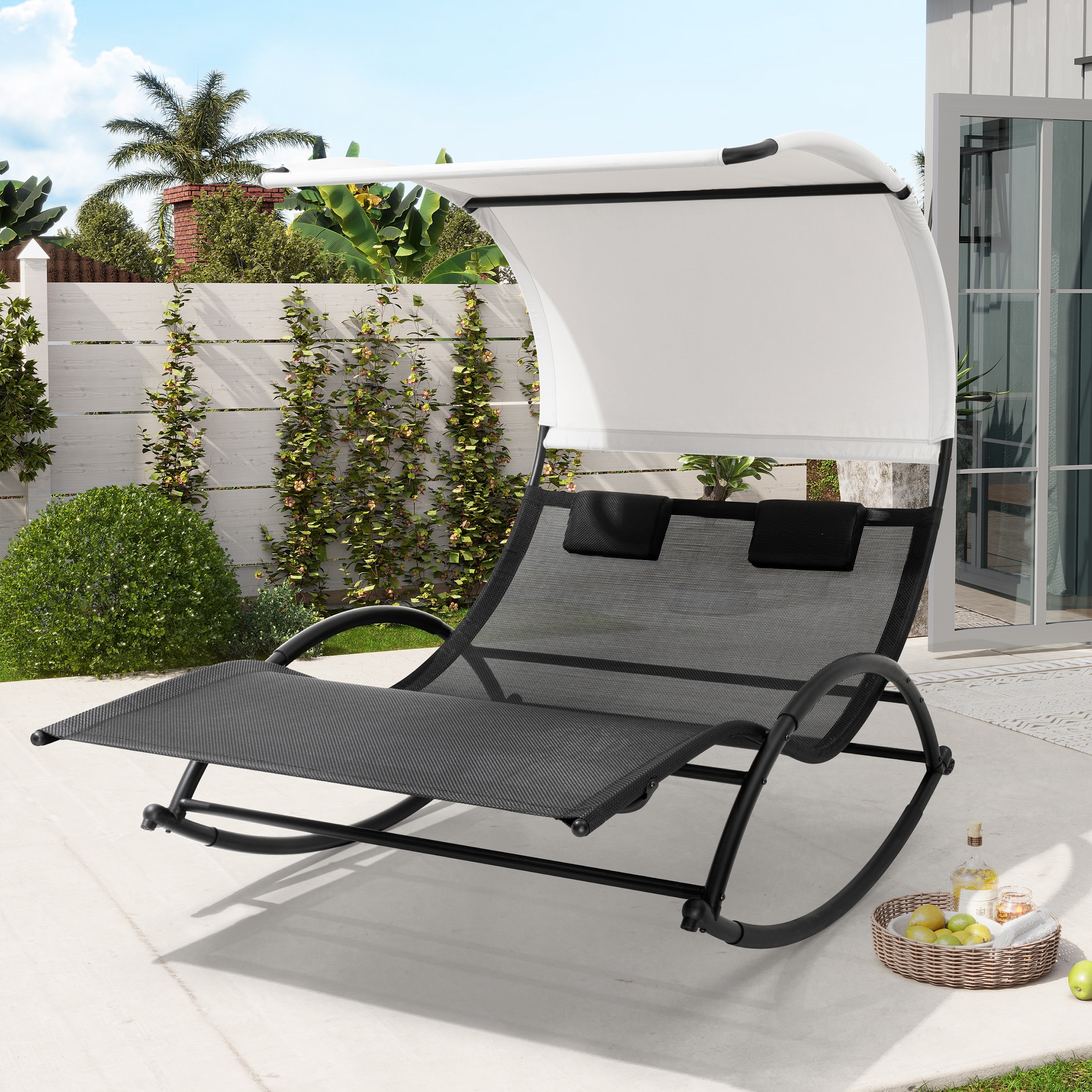 Outdoor Double Sun Bed Chaise Lounge Chair Rocking Bed with Sun Shade & Wheels - 54.5" W x 67.3" D x 65.7" H