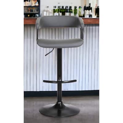 HomeRoots Gray and Black Faux Leather with Metal Swivel Adjustable Height Bar Chair