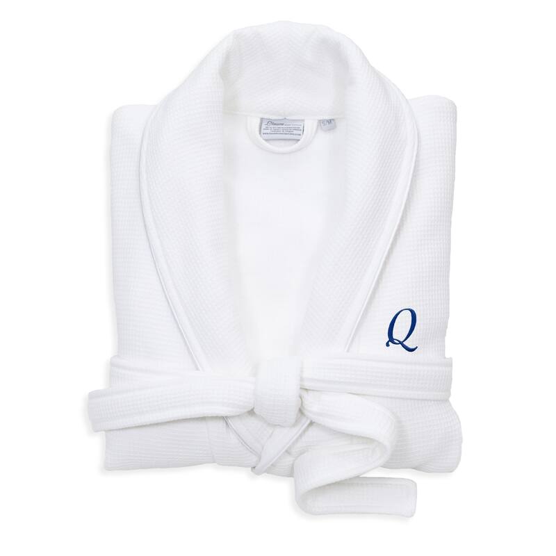 Authentic Hotel and Spa White Unisex Turkish Cotton Waffle Weave Terry Bath Robe with Navy Script Monogram - S/M - Q