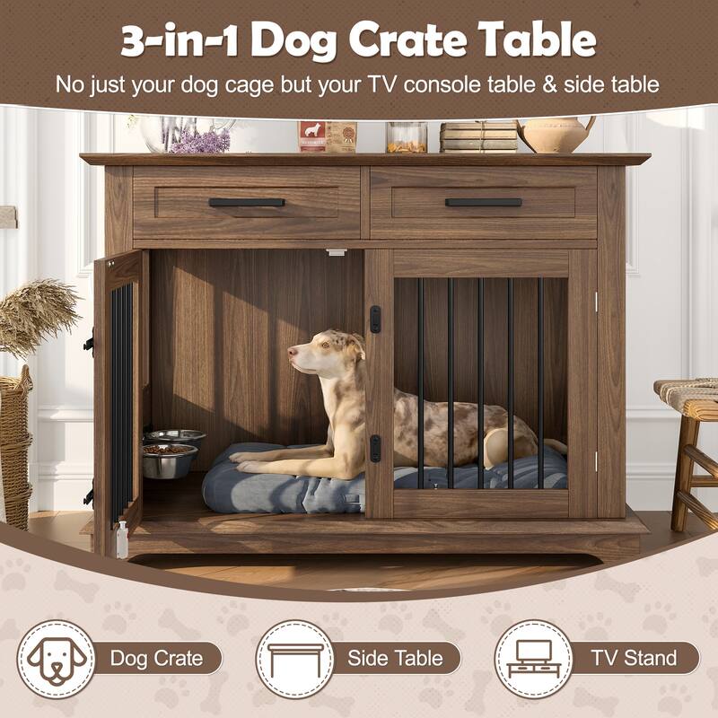 2 Doors Decorative Pet Cage Dog House with 2 Storage Drawers and Rotating Bowls, Wooden Large Dog Crate Furniture