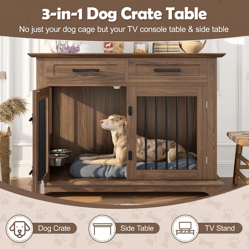 Rossetta 4-Lock Large Indoor Wooden Dog Chew-Resistant Build Dog Crate Furniture with Storage Drawers, Rotatable Dog Bowls