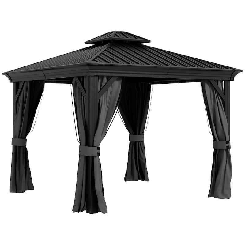 Outsunny 10' x 10' Hardtop Gazebo with Curtains and Netting, Permanent Pavilion Metal Double Roof Gazebo Canopy with Aluminum