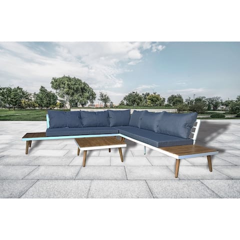 Paradise 3-Piece Sectional Set Outdoor Patio Furniture Acacia Wood Finish with Blue Olefin Cushions