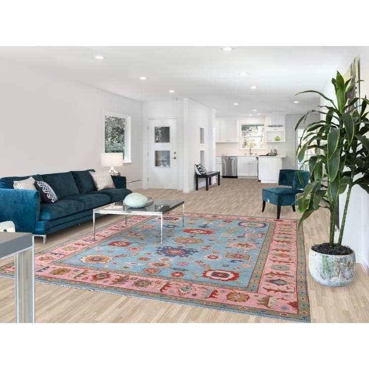 Light Blue Oushak Area Rug Hand-Knotted Transitional Wool Carpet - 7'9"x 9'9"