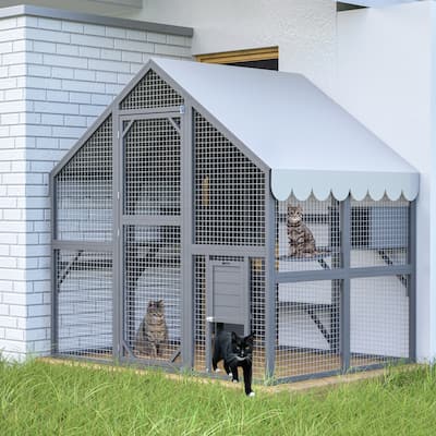 Large Outdoor Cat House - 28ft² Walk-In Wooden Catio with Cat Doors, Playpens, Bridges & Roof, Grey