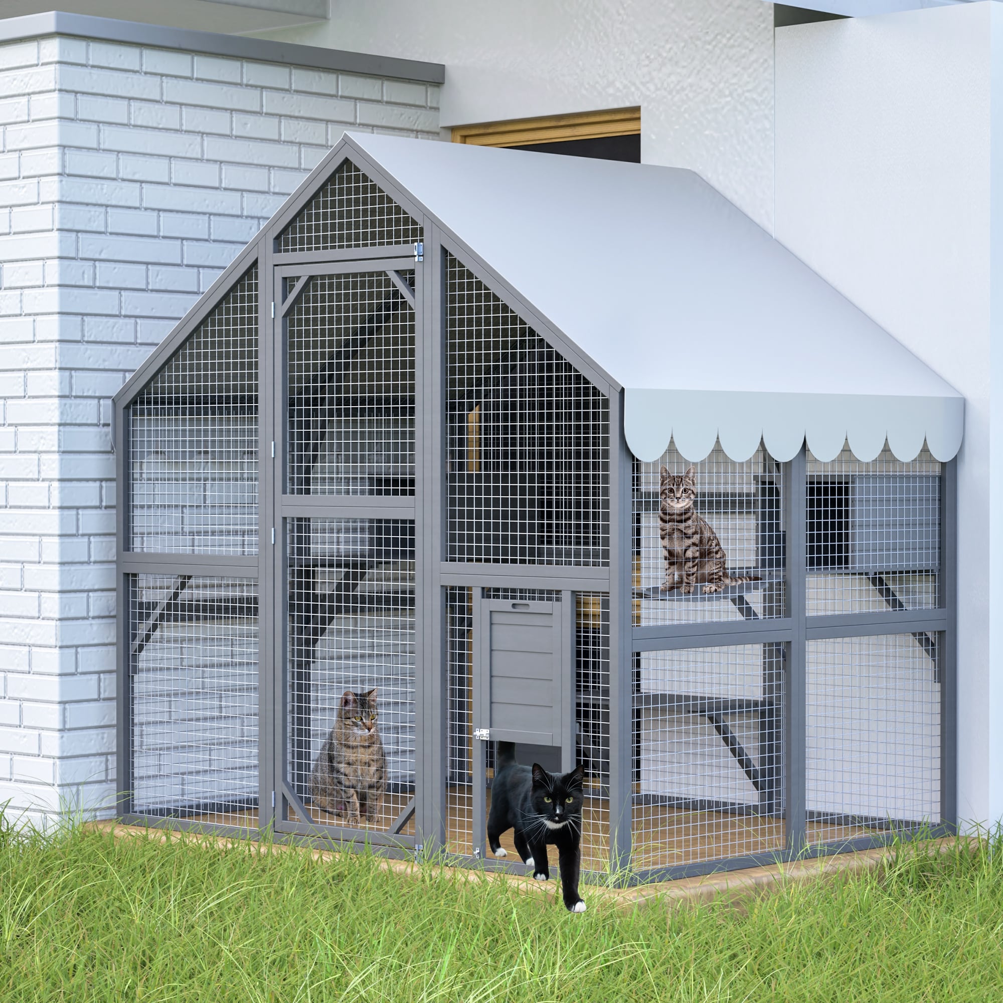 Large Outdoor Cat House - 28ft² Walk-In Wooden Catio with Cat Doors, Playpens, Bridges & Roof, Grey