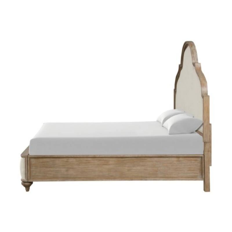 Lyla Queen Bed, Scalloped Ivory Upholstery, Rustic Oak Solid Wood