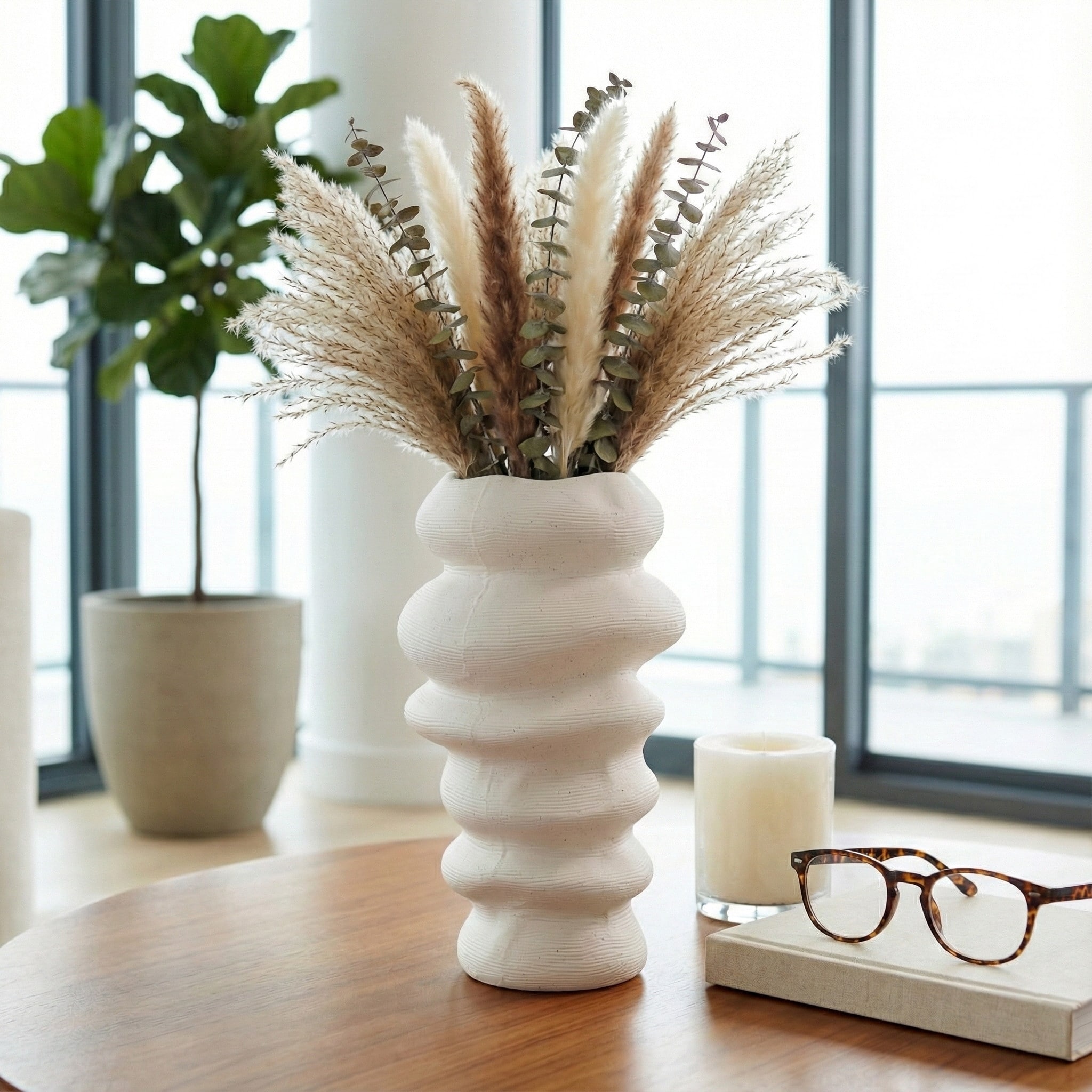 Decorative Vase - White Ceramic Wavy Stacked Ripple, 12 in.