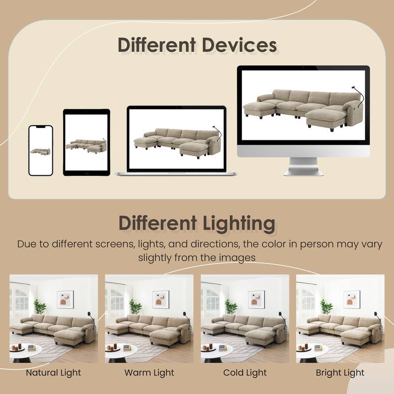 Striped Chenille Modular Sectional Sofa Set with Movable Ottoman, Phone Holder, Dual-Port Charging, 2 Side Storage Pockets