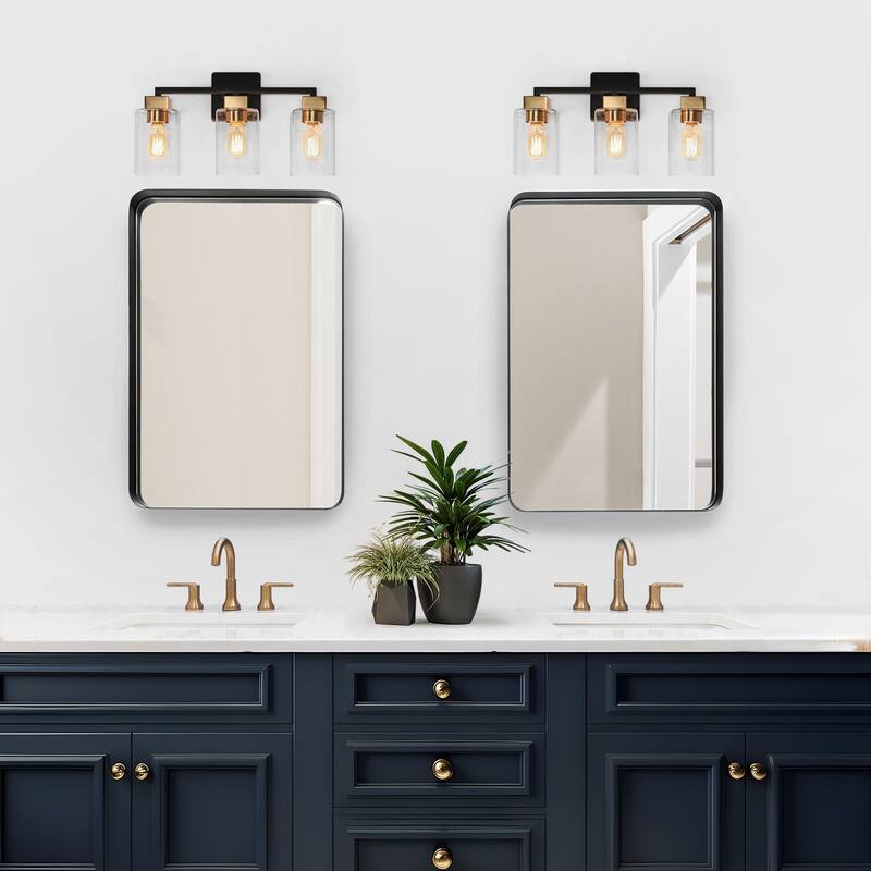 Modern 3-Light Black Gold Square Glass Bathroom Vanity Light Linear Wall Sconces