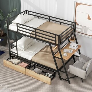Twin/Full Size Metal Bunk Bed with Built-in Desk, Light and 2 Drawers