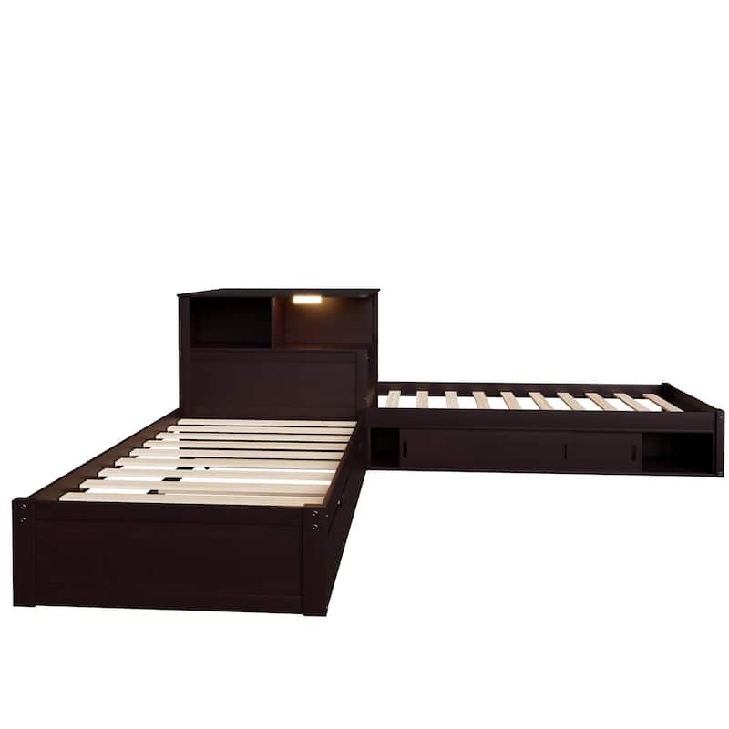 Roomfitters Twin L-Shaped Platform Bed with Trundle, Storage Cabinets and LED Desk