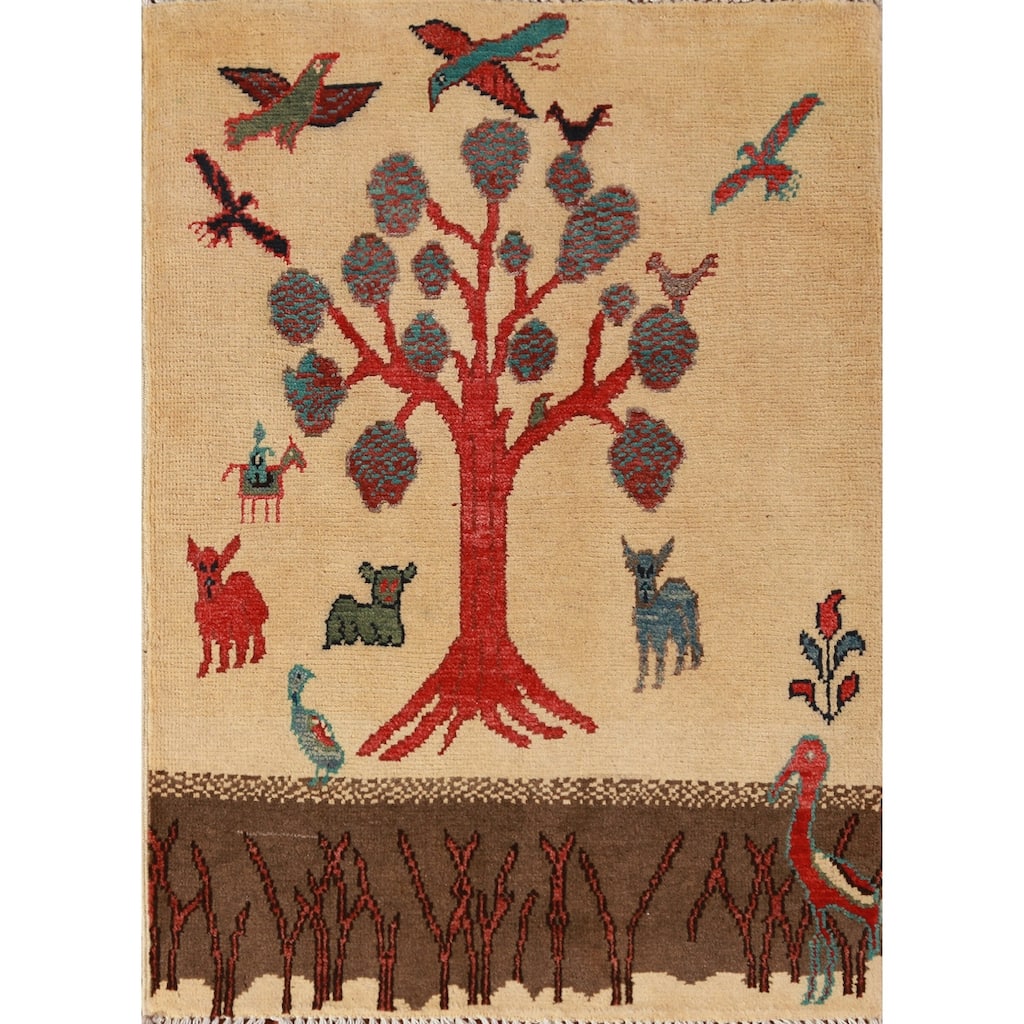 Animals Pictorial Kazak Oriental Foyer Rug Hand-Knotted Wool Carpet - 2'0"x 3'0"