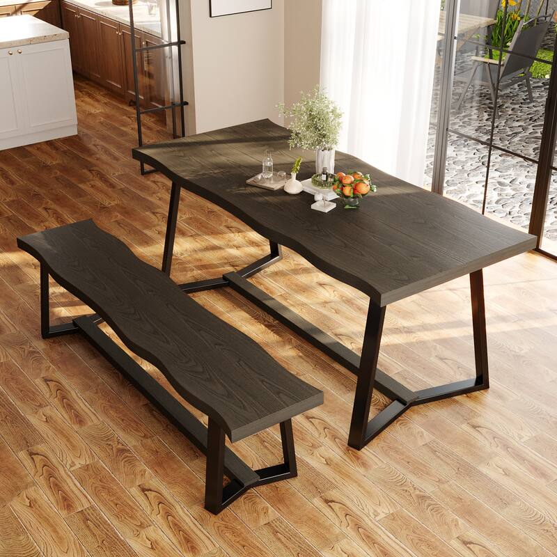 Rustic Elm Wood Dining Table Set with Black Bench – Modern Farmhouse Kitchen Table