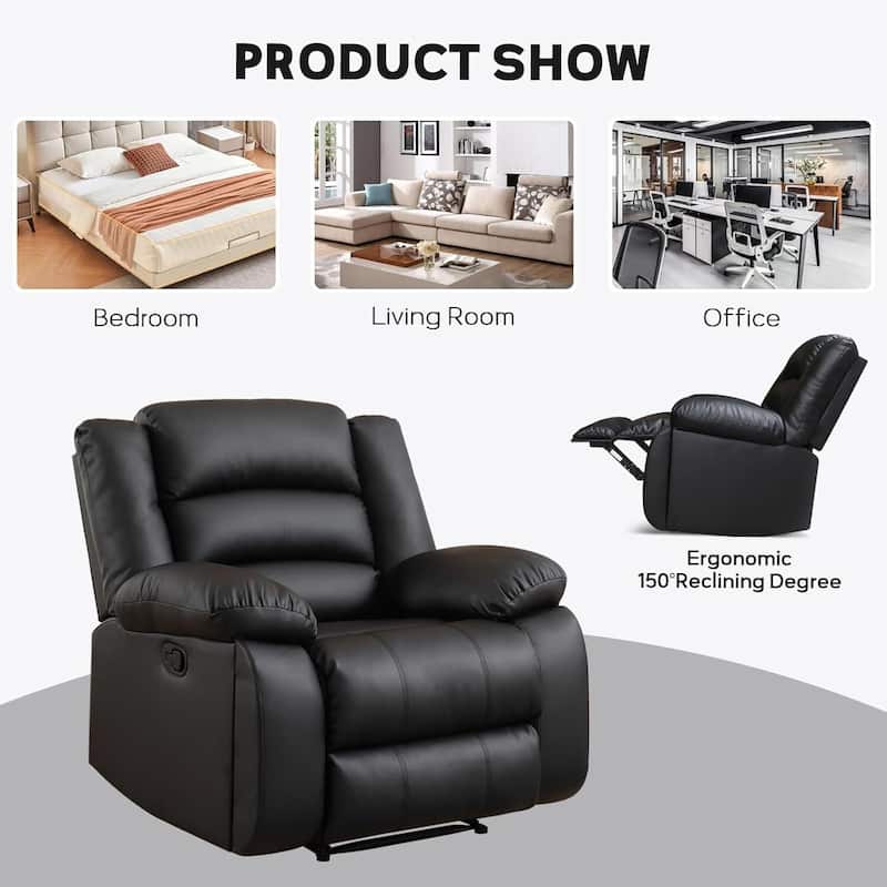 Faux Leather Manual Reclining Sofa with 2 Concealed Cup Holders, Overstuffed Armrest 3 Seat Recliner Couch for Living Room