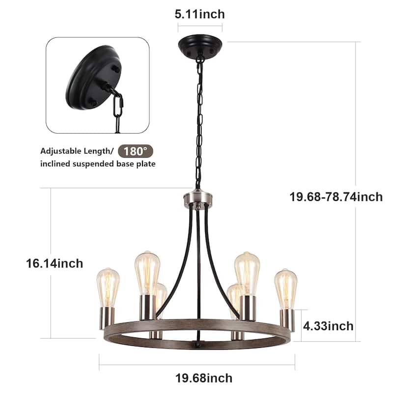 6-Light Farmhouse Metal Round Wagon Wheel Chandelier for Dining Room Living Room Bedroom Kitchen - 19.68'' D x 16.14'' H