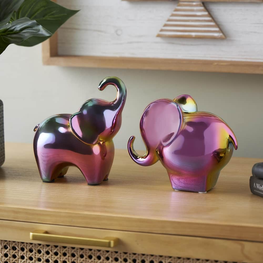 Gold, Silver, Black, White or Multi Colored Porcelain Ceramic Elephant Decorative Sculpture (Set of 2)