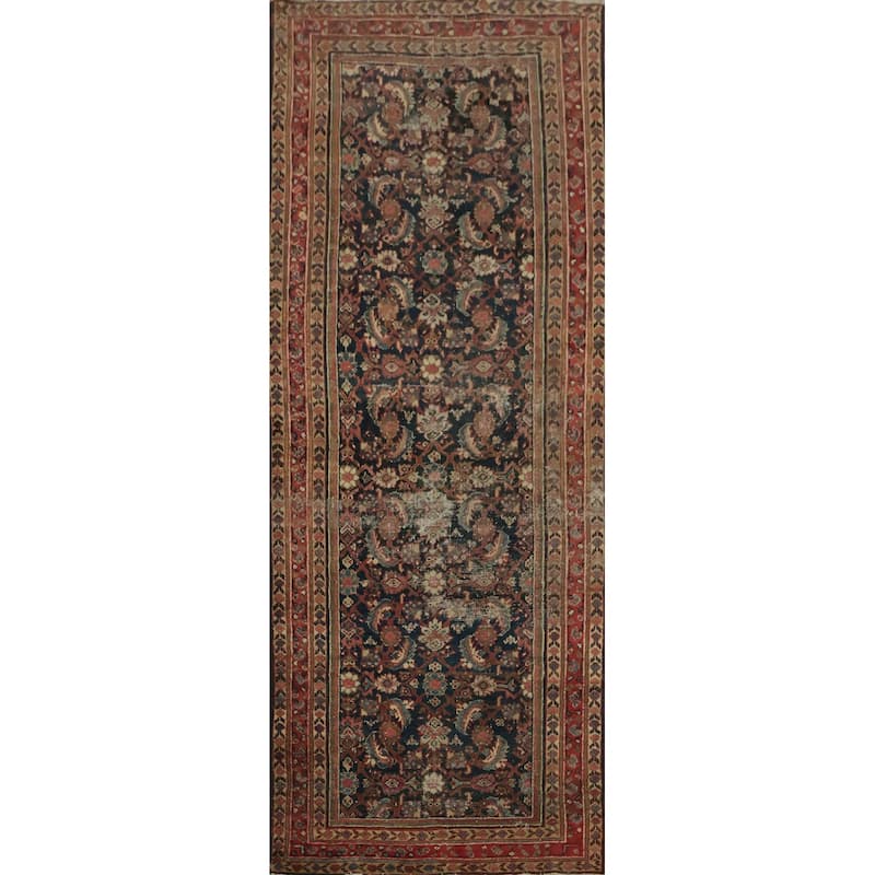 Hand Knotted Oriental 100% Wool Carpet Traditional Floral Navy Blue & Blues Malayer Runner Rug - 11' 4'' X 3' 7''