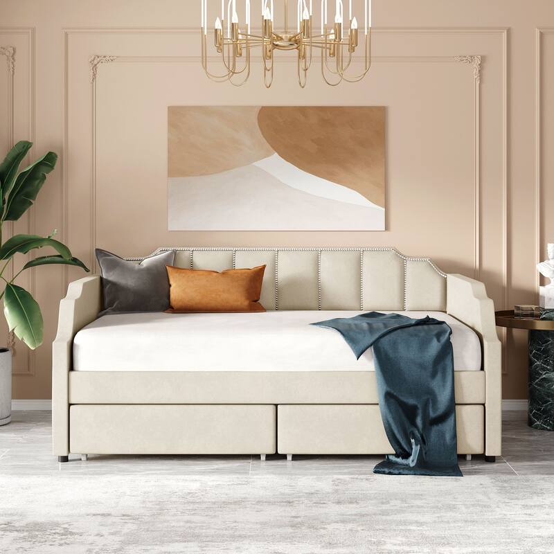 Upholstered Twin Daybed with Storage Drawers, Velvet Fabric, Wood Frame, Space-Saving Bed for Bedroom or Guest Room