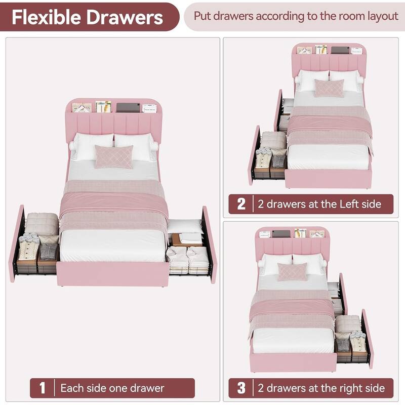 Bed Frame with 2 Drawers, Boucle Upholstered
